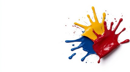 Fototapete - Dynamic Color Splashes: A vibrant abstract composition of red, yellow, and blue paint splatters, creating a captivating visual with space for text or design elements.  