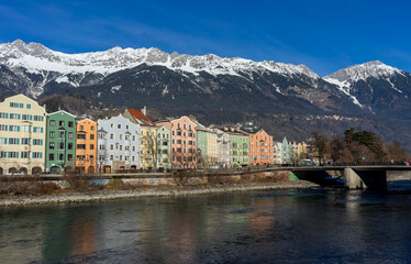 Wall Mural - Innsbruck in Austria Tyrol with traditional buildings and Alpine peaks panoramic view karwendel