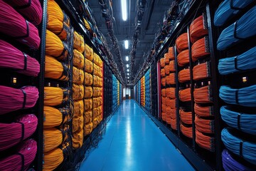 Poster - Colorful network cables organized in a data center hallway for efficient connectivity and management