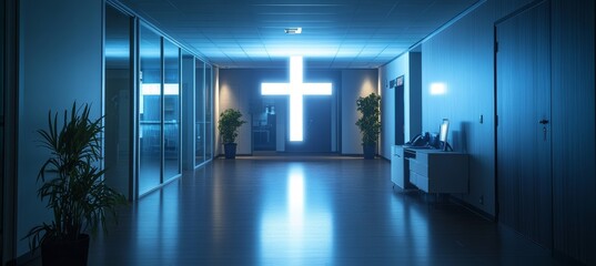 Wall Mural - Glowing Jesus Cross symbol on hospital corridor. Religion faith worship spirituality concept. Generative AI technology.	
