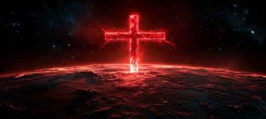 Canvas Print - Glowing red Jesus Cross. Religion faith worship spirituality concept. Generative AI technology.