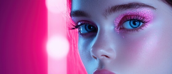 Wall Mural - A woman with blue eyes and pink eye shadow