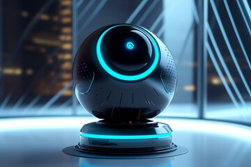 Poster - Futuristic sphere with glowing blue light in a modern building interior