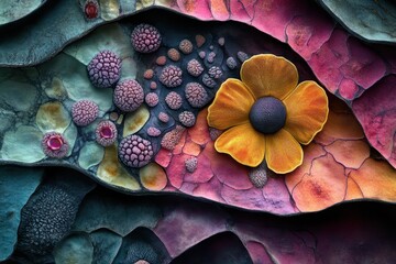 Poster - Intricate patterns and vibrant colors in a floral and organic design resemble a surreal landscape of textures