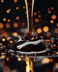 Poster - Close-up of golden liquid pouring over sparkling droplets, creating a mesmerizing visual effect.