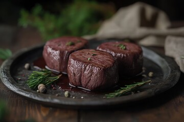 Wall Mural - Three succulent beef fillets arranged on a rustic plate, garnished with rosemary and spices.