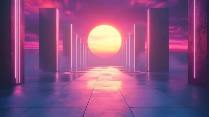 Poster - Surreal and futuristic neon lit corridor with a glowing ultraviolet sun or orb at the end surrounded by a minimalist geometric and contemporary architectural design  The scene has a digital CGI