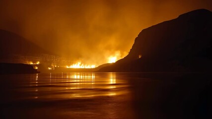 Wall Mural - flames illuminate dark cliffs under an orange sky at twilight near a calm body of water