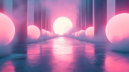 Poster - A captivating digital artwork depicting a futuristic glowing geometric corridor with vibrant gradient reflections on the water surface creating a mesmerizing and ethereal atmosphere