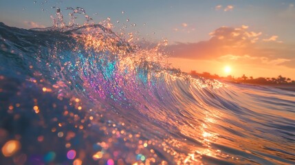 Poster - Breathtaking scene of powerful ocean waves crashing against the shoreline creating a vibrant display of splashing water and mesmerizing reflections under a dramatic sunset sky