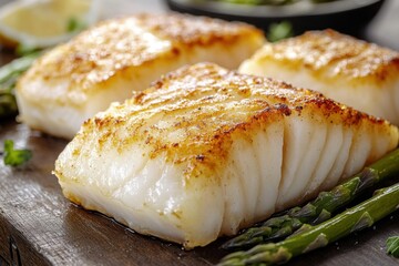 Wall Mural - Close-up of beautifully pan-seared cod fillets, garnished with herbs and served with asparagus.