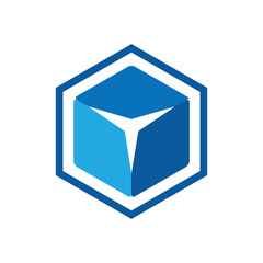 Aufkleber - The image shows a flat logo design of a hexagonal shape in blue with a three armed star in white