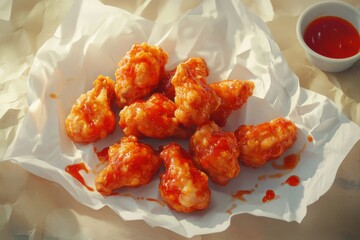 Canvas Print - Delicious, crispy chicken wings coated in a sweet and spicy sauce, served in a paper bowl.