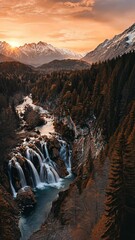 Wall Mural - stunning sunset over a serene waterfall in a mountainous forest landscape
