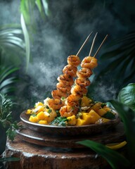 Canvas Print - Grilled shrimp skewers on a bed of mango and herbs, creating a vibrant and appetizing dish.