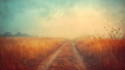 Fototapete - Misty autumn path winding through a golden grass field in a serene remote countryside landscape  The foggy ethereal atmosphere creates a mysterious dreamlike ambiance inviting and discovery