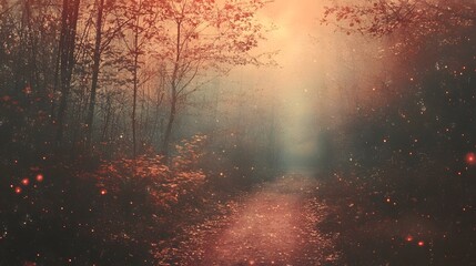 Poster - Enchanted autumn forest path with ethereal mist and vibrant fall foliage  Serene and peaceful natural landscape with warm sunlight filtering through the trees creating a dreamlike atmosphere
