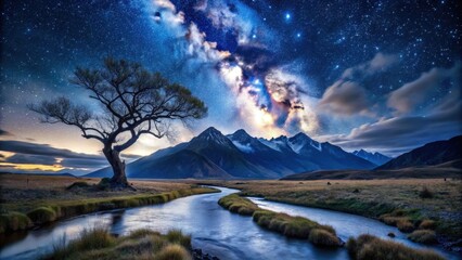 Wall Mural - Serene Night Landscape Featuring a Solitary Tree, Starry Sky, and Winding River in a Mountain Valley