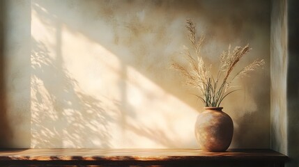 Poster - A cozy and serene interior scene featuring a vase with a plant resting atop a rustic wooden windowsill bathed in warm natural sunlight streaming through the window  The soft