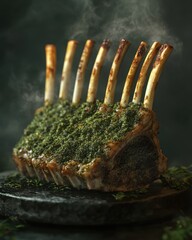 Wall Mural - Succulent rack of lamb featuring a herb crust, beautifully presented with a smoky aura.