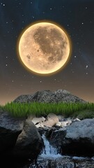 the river flows with a full moon in the background