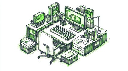 Poster - Abstract Isometric Illustration of a Complex Technological System or Network