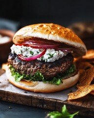 Wall Mural - Juicy beef burger topped with creamy sauce and red onions, served on a toasted bun with fresh lettuce.