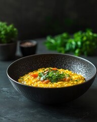 Wall Mural - A close-up of vibrant yellow risotto garnished with fresh herbs in an elegant black bowl.