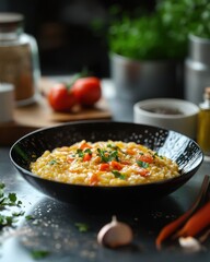 Wall Mural - Delicious vegetarian risotto with fresh tomatoes and herbs in a black bowl.