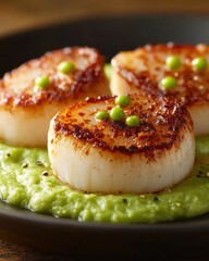 Canvas Print - Succulent seared scallops atop vibrant pea pur�e, garnished with fresh green peas.