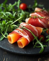 Canvas Print - Delicious melon wrapped in prosciutto on a slate platter, garnished with fresh arugula and cherry tomatoes.