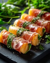 Wall Mural - Delicious cantaloupe and prosciutto rolls with fresh herbs on a black slate platter.