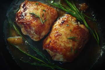 Wall Mural - Golden-brown chicken thighs garnished with herbs, sizzling in a skillet.