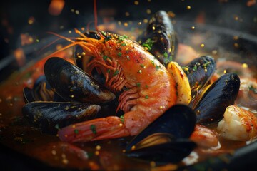 Wall Mural - A colorful seafood dish featuring shrimp and mussels, garnished with herbs and spices.