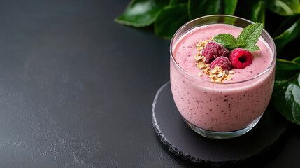 Wall Mural - Refreshing berry smoothie topped with raspberries and oats