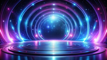 Wall Mural - Abstract Cosmic Stage with Glowing Neon Rings and Reflective Platform