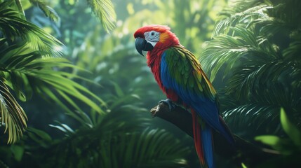 A vibrant macaw perched on a branch in a lush tropical rainforest.