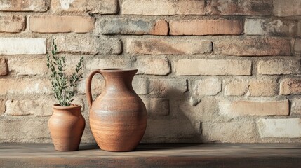 Poster - Clay Pitchers and Greenery Against a Brick Wall