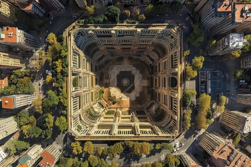 urban architecture revealed from above showcasing a symmetrical city block with greenery and courtya