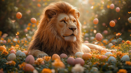 Wall Mural - Lion playing with easter eggs