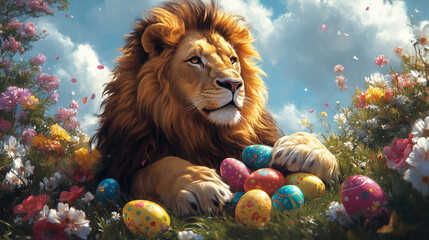 Wall Mural - Lion playing with easter eggs