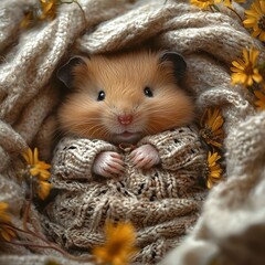 Wall Mural - Cozy Hamster in Pajamas Snuggled in Nest of Blankets