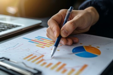 Poster - businessman is analyzing financial charts on a report with a pen in his hand