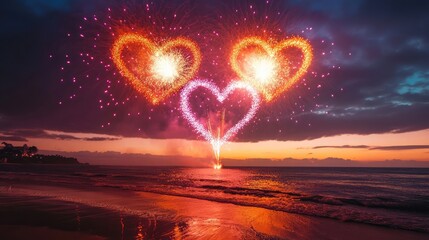 Poster - Fireworks exploding in heart shapes above a romantic beach setting