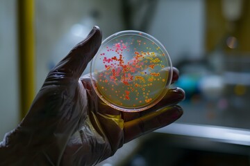Poster - scientist is holding a petri dish, analyzing bacterial growth in a microbiology laboratory