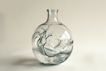 Poster - Clear round glass flask with water splashing inside on plain background