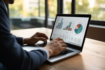 Poster - Businessman working with statistical data on laptop, performing financial analysis in modern office