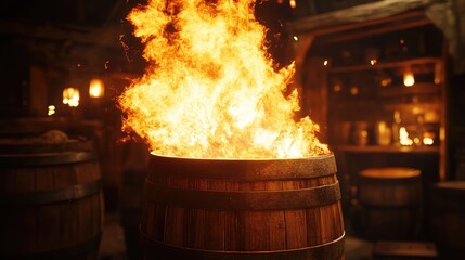 Poster - Flames engulfing a wooden barrel in an old-world tavern setting