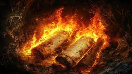 Poster - Flames enveloping a set of ancient scrolls in a mystical cavern