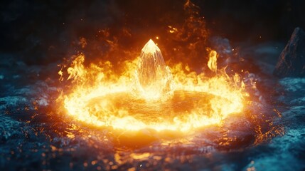 Poster - Flames forming a protective ring around a glowing crystal in a mystical scene
